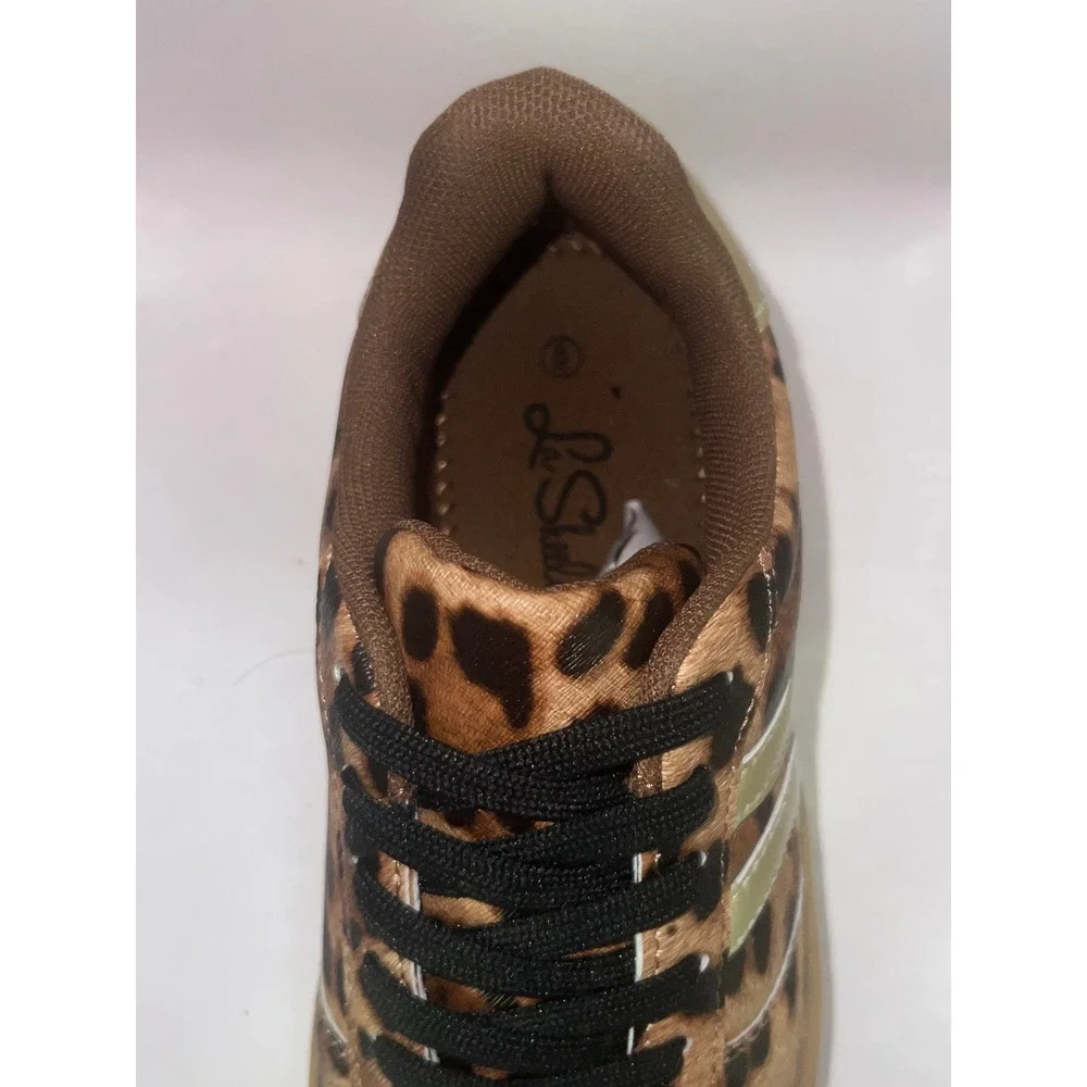 Le Sheelah TOPPING-18 Leopard Print Platform Sneakers Womens Size 6 Gold Stripe